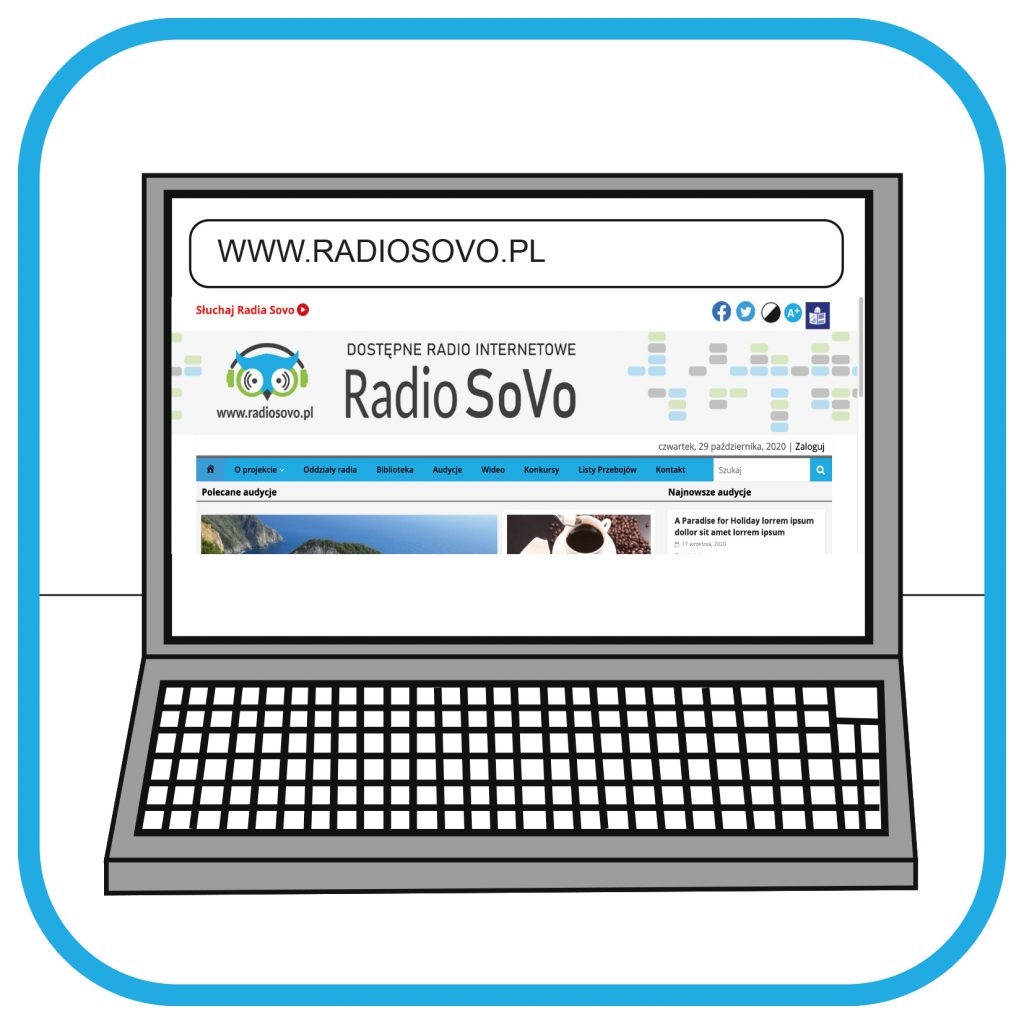 Na ekranie laptopa widać adres strony internetowej www.radiosovo.pl oraz zawartość strony (w tym nazwę i logo).