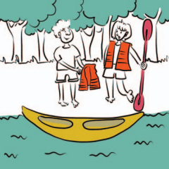 Dwie osoby stoją przed kajakiem, który jest już na wodzie. Jedna osoba trzyma wiosło i jest ubrana w kamizelkę ratunkową, druga osoba zakłada kamizelkę. 