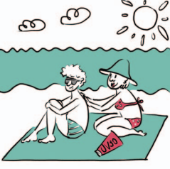 Dwie osoby na plaży na kocu. Kobieta smaruje mężczyźnie plecy kremem z filtrem przeciwsłonecznym.
