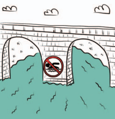 Most na rzece. Na filarze mostu znak "zakaz kąpieli"