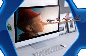 Z ekranu komputera wysuwa się nos Pinokia. Na nosie siedzą ptaki.