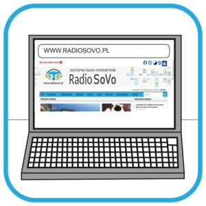 Na ekranie laptopa widać adres strony internetowej www.radiosovo.pl oraz zawartość strony (w tym  nazwę i logo).