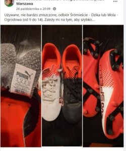Post zawierający opis „Używane, nie bardzi zniszczone, odbiór Śródmieście – Dzika lub Wola – Ogrodowa (od 9 do 14). Zależy mi na tym, aby szybko….”. Poniżej 3 zdjęcia czerwono-czarno-białych dziecięcych butów do gry w pikę nożną marki Puma.
