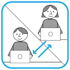 Ilustracja podzielona na dwie części. W lewym dolnym rogu mężczyzna przed komputerem. W prawym górnym rogu kobieta przed komputerem. Między nimi dwie strzałki symbolizujące przepływ informacji.