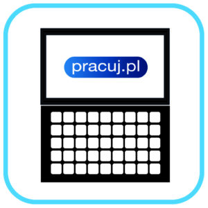 Ekran laptopa z wyświetloną nazwą portalu pracuj.pl. Nazwa pracuj.pl napisana białą czcionką na niebieskim tle.
