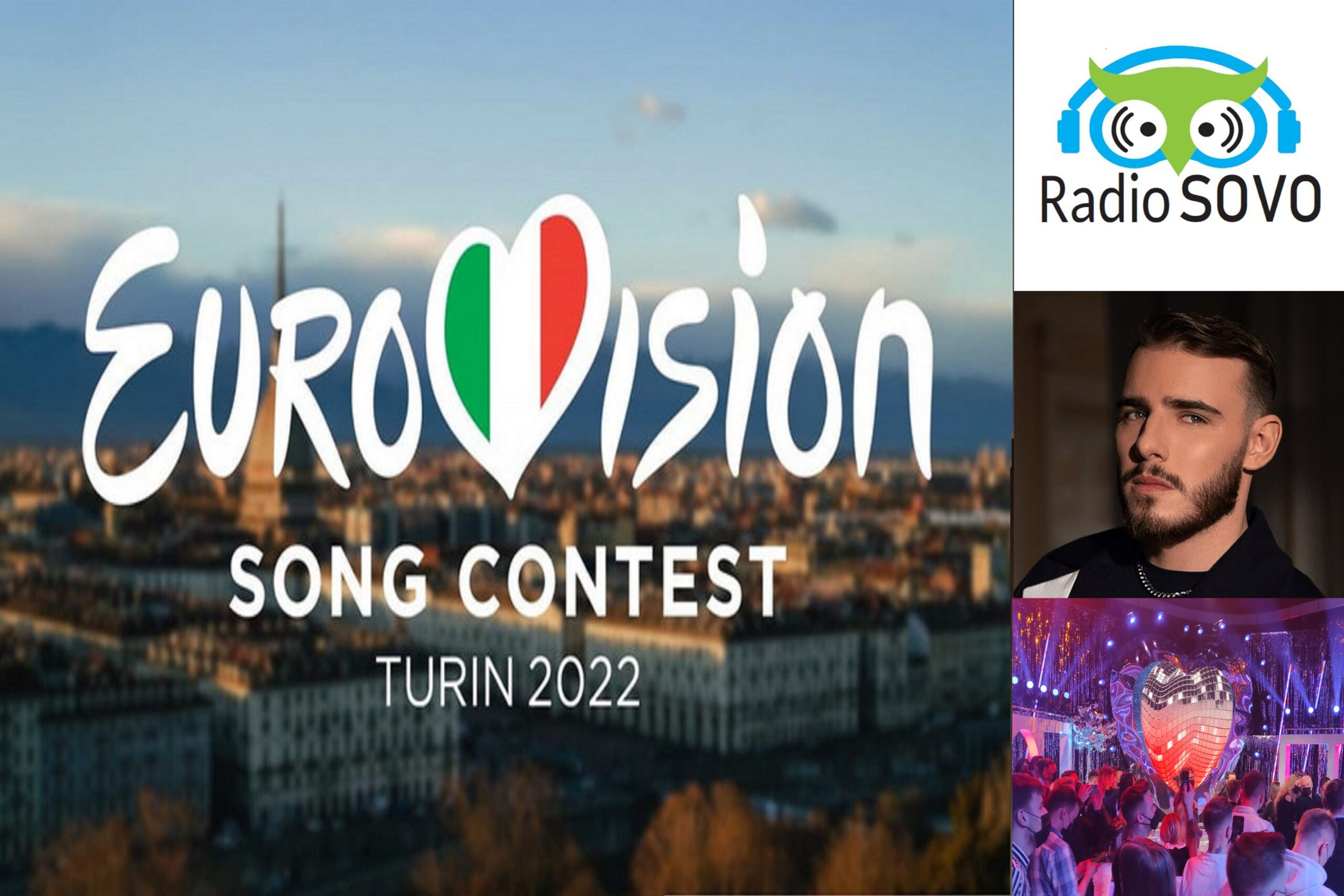 Logo festiwalu Eurovizja, logo radia sovo oraz zdjęcie Ochmana